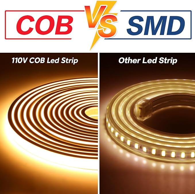 COB Led Strip Lights Waterproof IP67 6.56feet Cuttable LED Rope Lights AC 110V 120V Light Stip 320LEDs 3000K Warm White Super Bright with US Plug for Bedroom Ceiling Kitchen Under Cabinet Closet