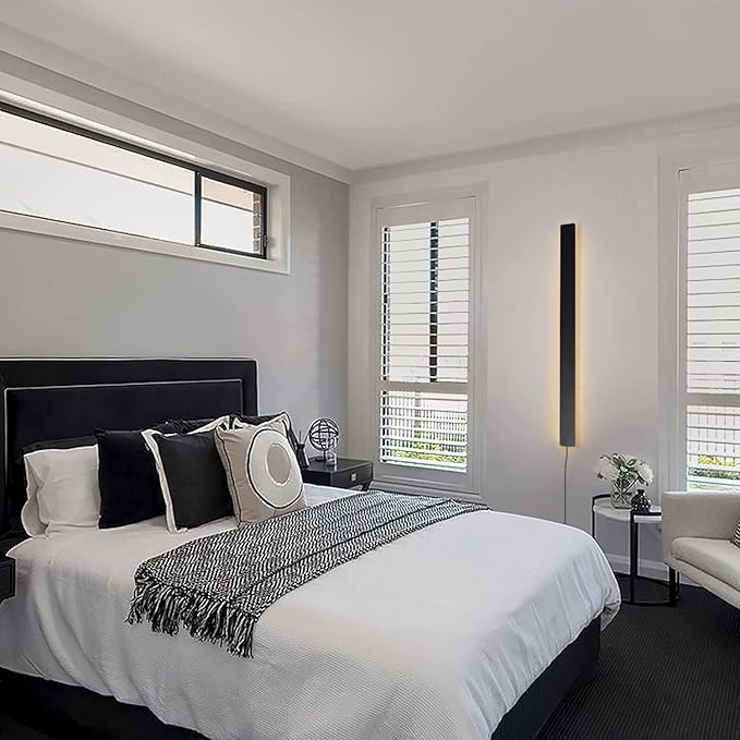 Modern Plug in Long Wall Sconce, 39" Black Matte LED Wall Lights, 20W Warm White 3000K Acrylic Indoor Wall lamp, with 59" Plug Cable for Bedroom, Living Room, Hallway