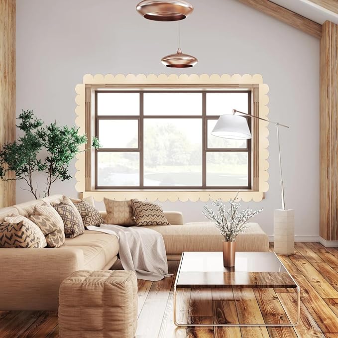 12Pcs Unfinished Scalloped Decorative Wood Trim with Glue Dots, 15.75" x 3.54" Scalloped Wooden Edging Trim Cute DIY Moulding Trim for Home Wall Cabinet Window Door Decor, Interior & Exterior Use