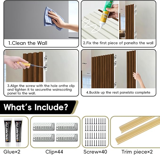 10Pack WPC Wall Panels, 96 x 6.4 x 0.8Inches Slat 3D Fluted Panels, Wall Decor for TV Background, Living Room (Teak)