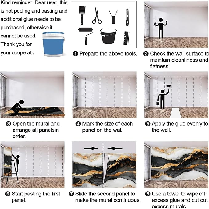 Black Gold Marble Mural Wallpaper, White Gold Marble Murals, European Light Luxury Murals, Wallpaper for Living Room Bedroom Boy Girl Room Home Decor Mural (Not Peel Stick)