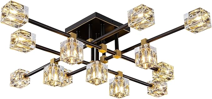 Crystal Ceiling Light Fixture with 13-Lights,Black and Gold Semi Flush Mount Ceiling Light,Modern Chandelier for Kitchen Island,Living Room,Bedroom,Dining Room