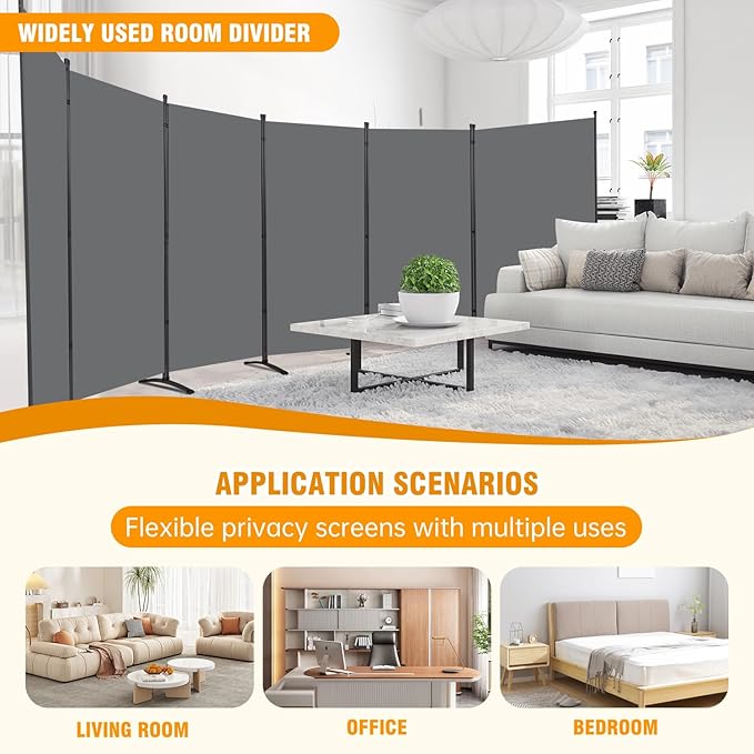 6 Panel Folding Privacy Screens, 6 FT Tall Wall Divider with Metal Frame, Freestanding Room Divider for Office Bedroom Study (6 Panel, Grey)