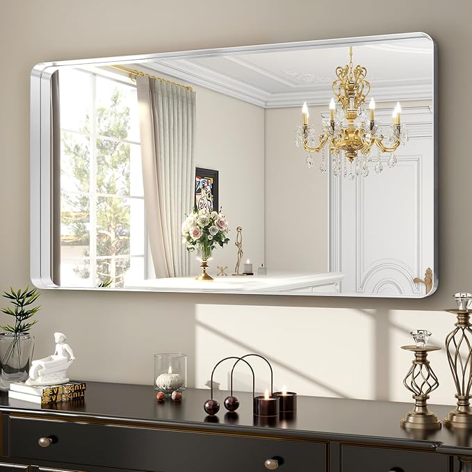 48 x 30 Inch Silver Bathroom Mirror, Rectangular Wall Mounted Shatterproof Mirror, Aluminum Alloy Frame with Rounded Corners, Horizontal or Vertical for Farmhouse Decor