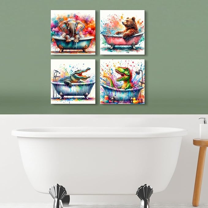 Kids Bathroom Wall Decor Cartoon Colorful Elephant Dinosaur Wall Art Funny Nursery Animals in Bathtub Picture Canvas Watercolor Bear Crocodile Artwork for Bedroom Bath Toilet Home Decoration 12x12" 4P