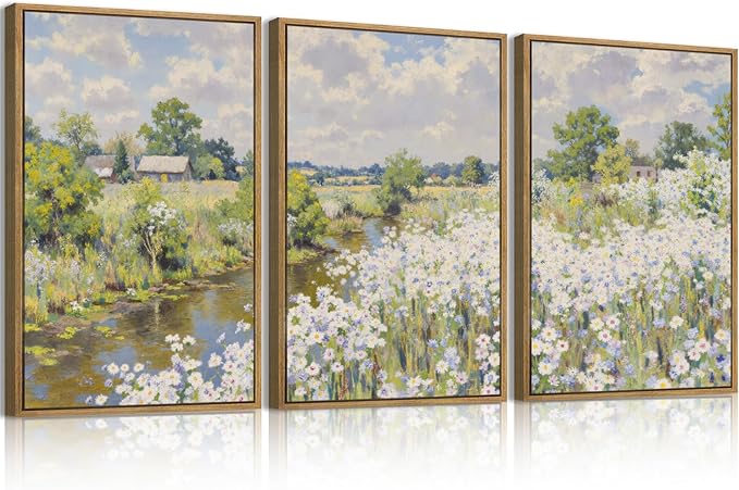 BINCUE Framed Wildflower Wall Art Rustic Floral Wall Decor Vintage Landscape Artwork for Living Room Bedroom Bathroom 16x24 Inches Set of 3