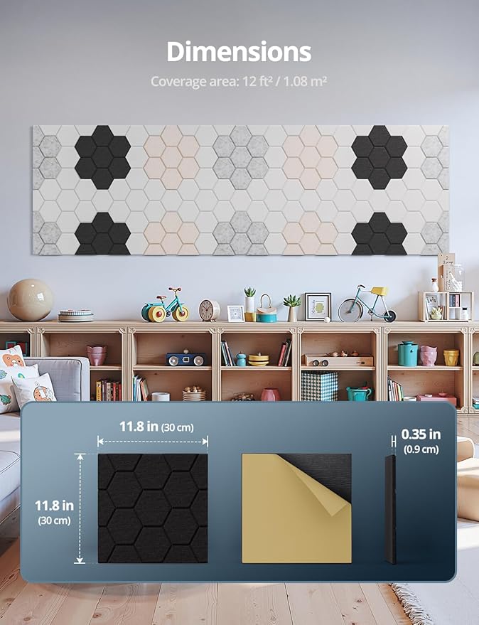 Acoustic Wall Panels Sound Absorbing, Honeycomb Self Adhesive Wall Tiles Panel, 18 Pack Decorative Hexagon Design for Studio, Home Office, Gaming Room, Acoustic Treatment, 12"x12"x0.4", White