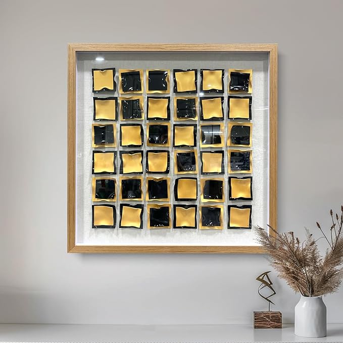 BrightA Black and Gold 3D Wall Art with Textured Grid Design Handcrafted Acrylic Panels in Solid Wood Frame, Modern Abstract Sculpture for Contemporary Living Room Office 31.5"x31.5"
