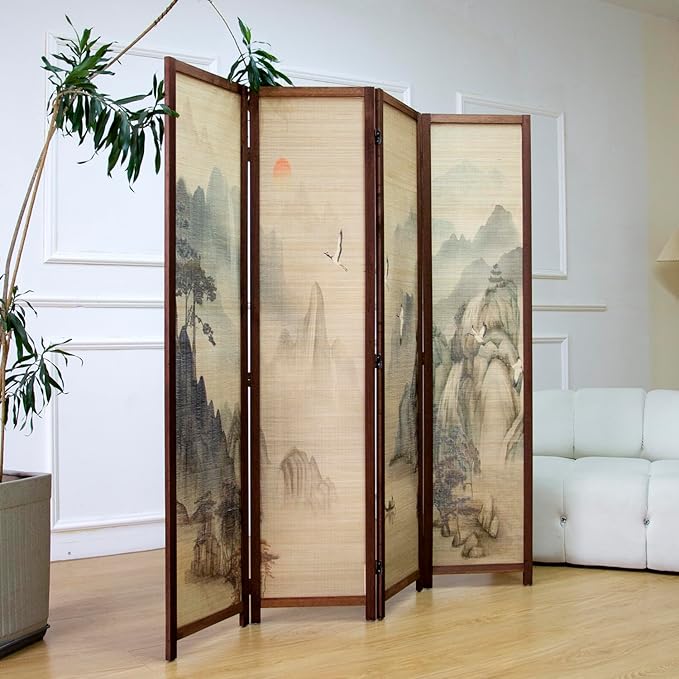 4 Panel Room Divider Screen and Folding Panel Screen,Double Sided Bamboo Divider for Room Separation,Mountains and Waters Landscape,67" H x 63" W