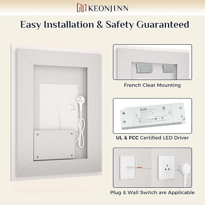 Keonjinn 24" x 36" Lighted Mirror for Bathroom Wall, LED Mirror with Frontlit & Backlit, Dimmable 3-Color Lights, HD Tempered Glass, UL-Listed LED Driver