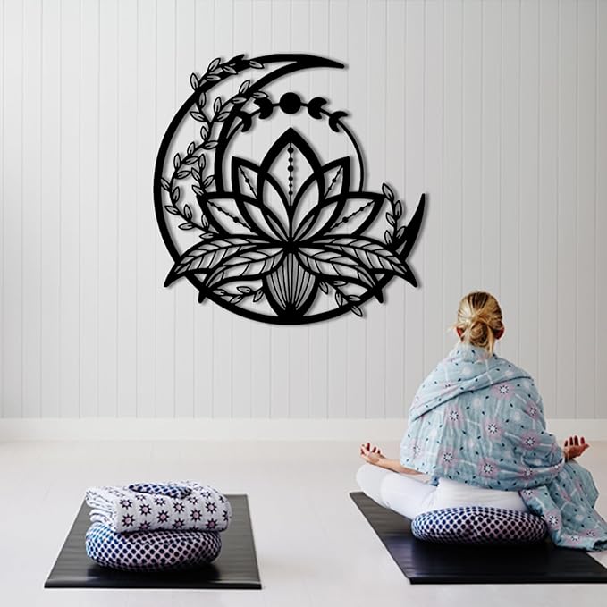 Metal Lotus Flower Wall Art - Extra Large Lotus Moon Metal, Moon Phase Outdoor Decor, Zen Wall Art for Bedroom, Living Room, Yoga Room (White, 39x39in|99x99cm)