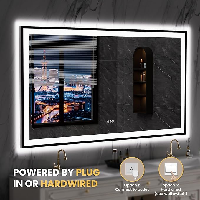 LOAAO 77"X36" LED Bathroom Mirror Black Framed, Anti-Fog, Dimmable, Lighted Bathroom Vanity Mirror for Wall, Memory Function, Tempered Glass
