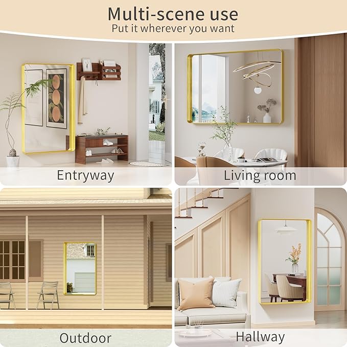 Koonmi Gold Wall Mirror for Bathroom, 36x55 Inch Matte Deep Framed Rounded Rectangle Vanity Mirror for Farmhouse Living Room, Tempered Glass, Anti-Rust, Vertically or Horizontally