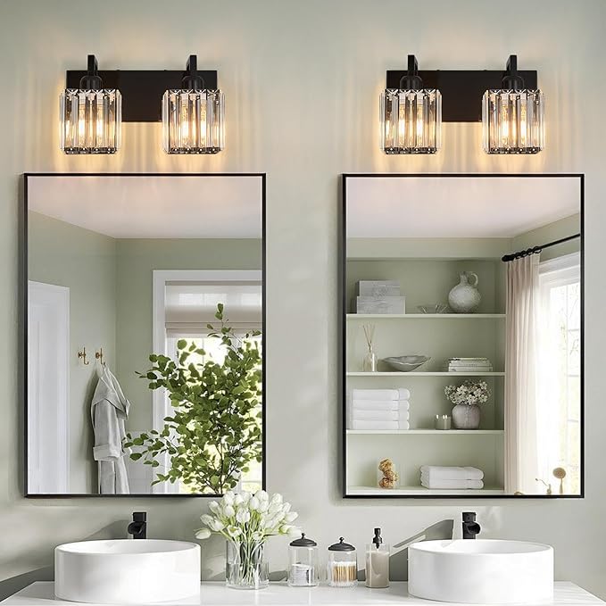 Modern Bathroom Vanity Light 2-Lights Plating Black Vanity Light Crystal Wall Light Bathroom Light Fixtures