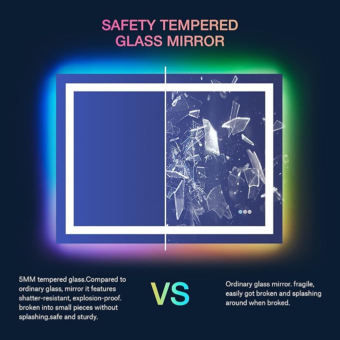 LOAAO 50"X30" LED Bathroom Mirror with Lights, Anti-Fog, Dimmable, RGB Backlit + Front Lighted, Bathroom Vanity Mirror for Wall, Memory Function