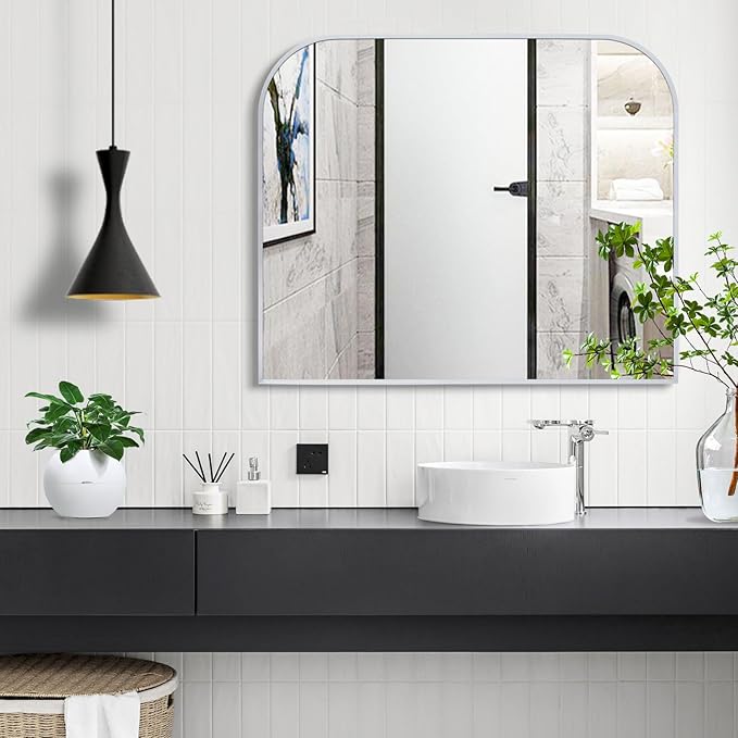 Modern Large Wall Mirror, Modern Mantel Minimalist Home Decor, Brushed Silver Metal Framed Arched Mirror for Living Room, Bedroom, Fireplace, Mantle, Entryway, Bathroom, 36" x 24", Silver