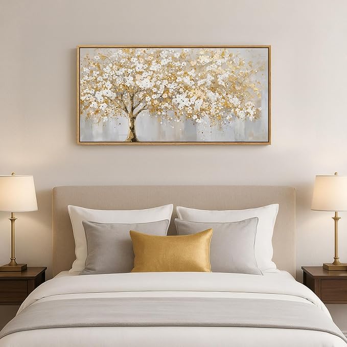 Large Framed Gold Tree of Life Wall Art, Neutral Gold Tree Canvas Painting Prints for Modern Rustic Home Decor, Gray White Golden Artwork for Living Room Kitchen Dining Room Bedroom Office, 20x40 In