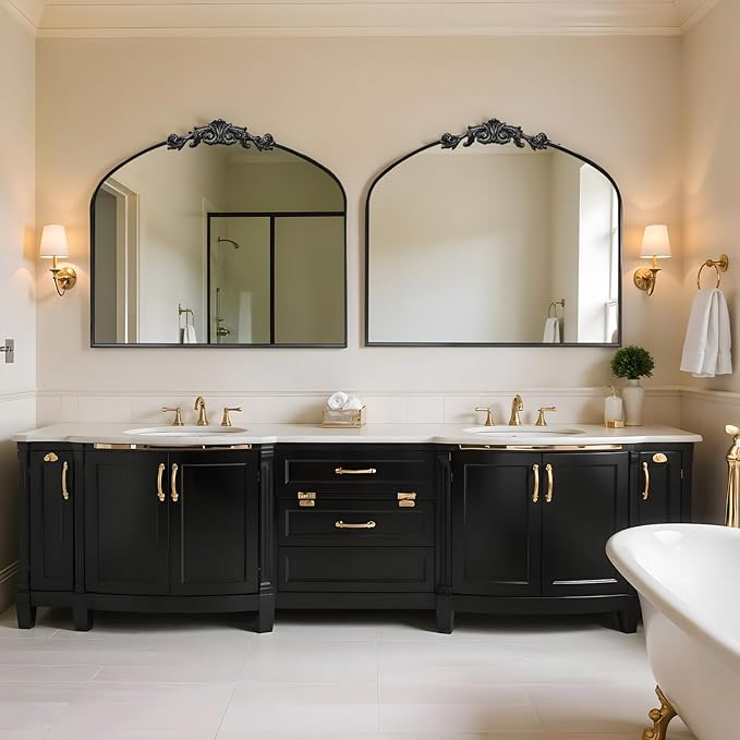 MISSDAY Vintage Matte Black Baroque Mirror for Wall, 36"X30" Arched Antique Wall Mirror with Elegant Carving Top, Full Metal Frame Wall-Mounted Mirror for Bathroom, Living Room, Fireplace, Entryway