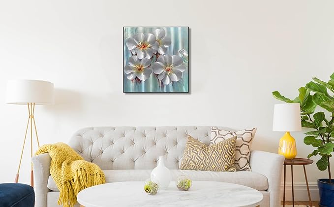 BATRENDY ARTS Silver and Aqua Metal Wall Art Framed Flower Aluminum Painting Hand-polished 3D Botanical Hanging Sculpture Artwork for Bathroom