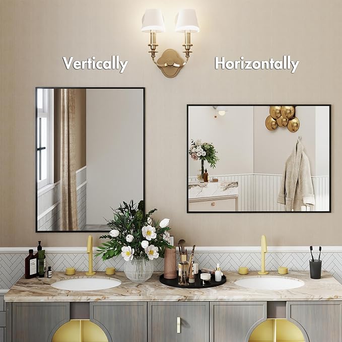 Black Metal Framed Bathroom Mirror, 36x36 Inch Square Rectangle Wall Mirror, Matte Black Modern Vanity Mirror, Anti-Rust, Tempered Glass, Shatter-Proof, Easy to Install Vertically/Horizontally