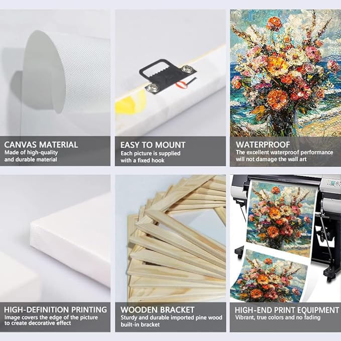 Bouquet on the Beach Vintage Flower Canvas Wall Art French Country Floral in Vase Prints Oil Painting Farmhouse Still Life Poster for Bedroom Living Room Framed - 12x16inchx3pcs