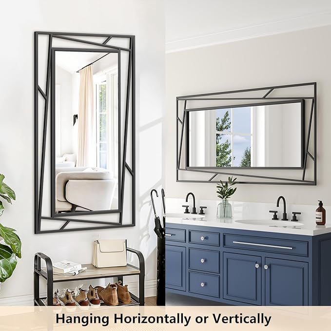 Black Framed Mirror for Bathroom Vanity 45" x 30" Matte Black Rectangle Beveled Frame Wall Mirror for Over Sink, Tempered Glass, Modern Farmhouse Bedroom, Entryway, Living Room