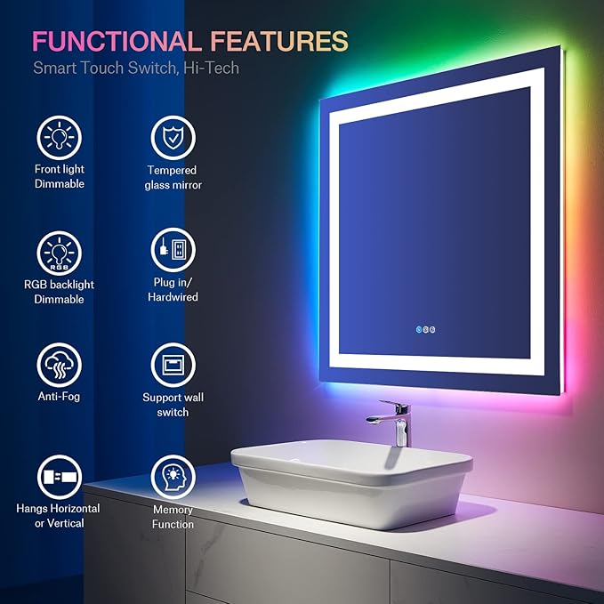 LOAAO 36"X36" LED Bathroom Mirror with Lights, Anti-Fog, Dimmable, RGB Backlit + Front Lighted, Bathroom Vanity Mirror for Wall, Memory Function