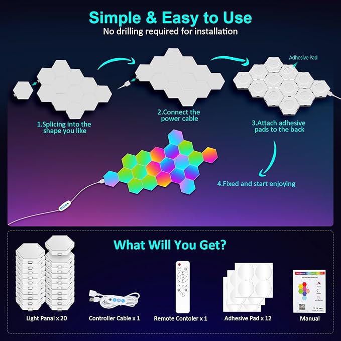 20-Pack Hexagon Light Panels – Smart RGB LED Wall Lights with App & Remote – Music Sync Gaming Lights for Gamers, Game Room Decor, Gaming Equipment, Living Room, Bedroom, Kids & Adults