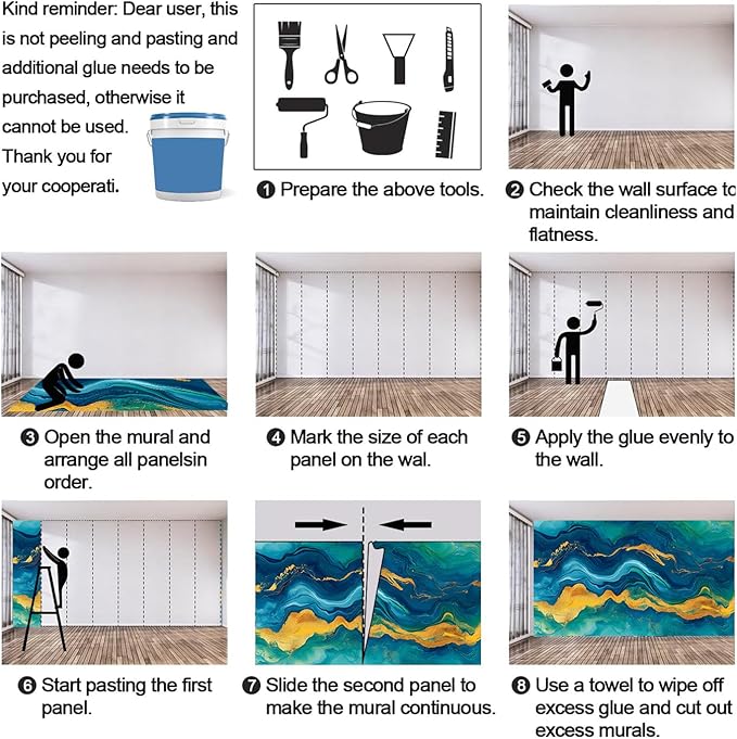 Blue Gold Marble Mural Wallpaper, 3D Turquoise Murals, Modern Fashion Marble Murals Wallpaper for Living Room Bedroom Tv Background Wall Home Decor Mural (Not Peel Stick)