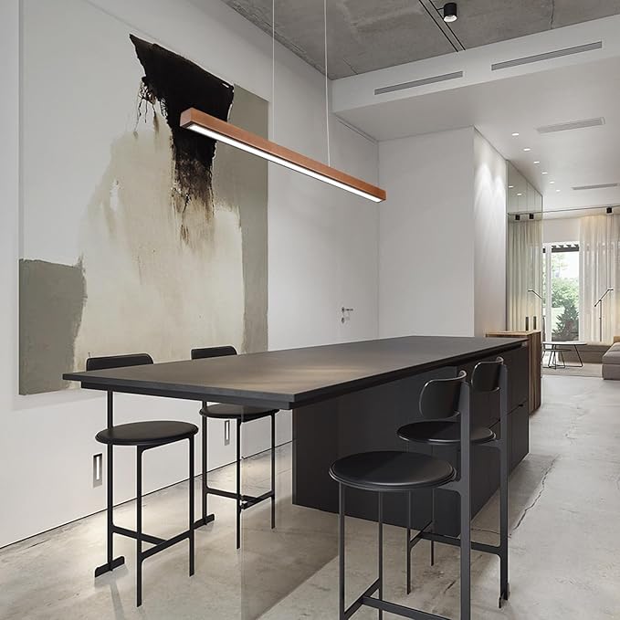 39" Wood Linear Pendant Light Modern LED Dimmable Ceiling Hanging Light Fixture Wood Linear Chandeliers 24w for Dining Room Kitchen Island Pool Table Bar Walnut Color (with Remote Control)