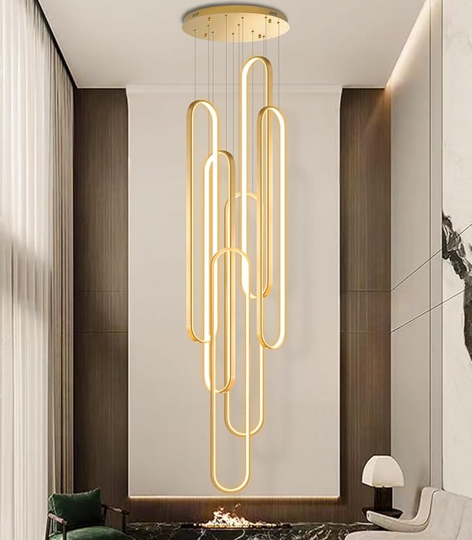 6-Rings Modern Chandelier, LED Gold Large Contemporary Light for Staircase, Dimmable Flush Mount High Ceiling Chandeliers with Remote Control for Villa Foyer