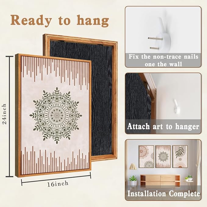 Anyzal Boho Wall Art Framed Large Abstract Geometric Line Paintings Mid-century Modern Plant Wall Decor for Bedroom Living Room Office 16x24 Inches 3 Piece