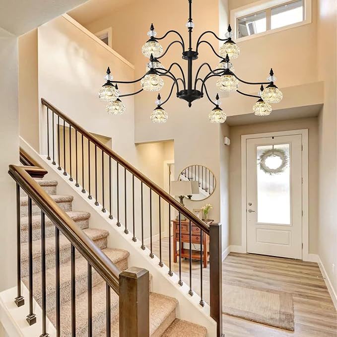 2 Tier Vintage Crystal Chandelier, 41-inch Black Victorian Chandelier 12-Light, Antique Pendant Light for Living Room, Bedroom, Dining Room, High Ceiling, G9