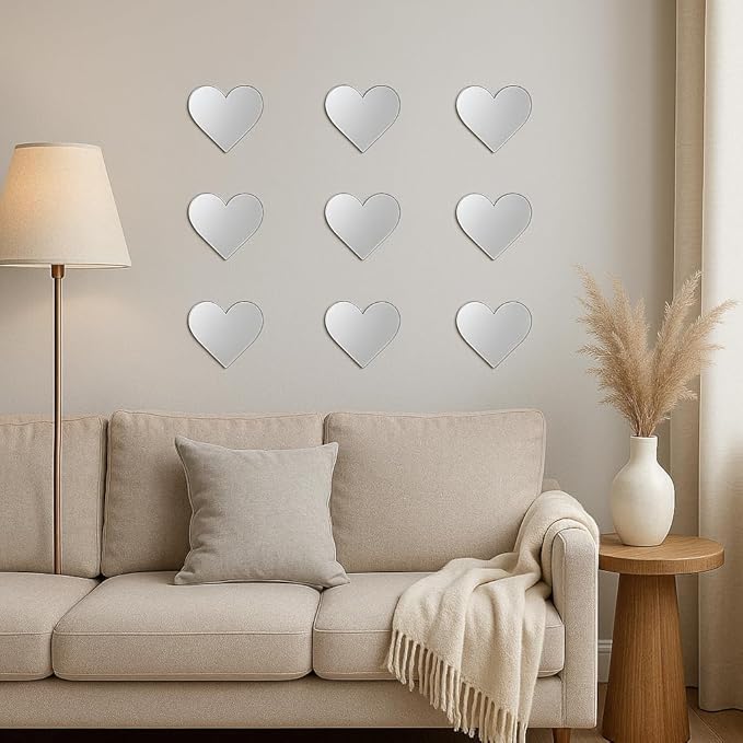 BugyBagy Acrylic Wall Mirror Collection – Silver Plexiglass Decorative Mirrors – Modern Peel-and-Stick Shatter-Resistant Wall Décor for Nursery, Bedroom & Living Room (1, 12PCS Hearts)