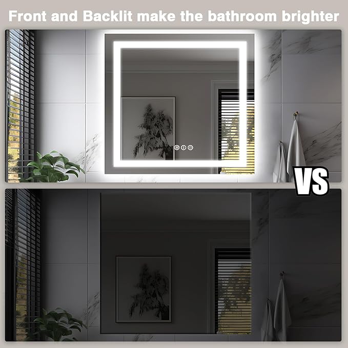 36"x36" Square LED Bathroom Mirror - Front & Backlit, Anti-Fog Vanity Mirror with Stepless Dimmable Lights, 3 Color Smart Mirror (Horizontal/Vertical)