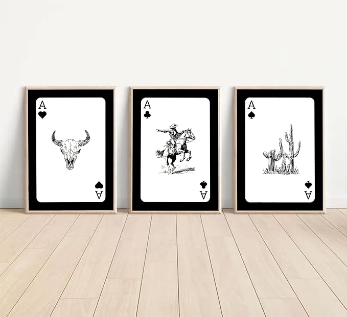 3Pcs Western Cowboy Wall Art Rustic Southwestern Style Poster Printing Vintage Western Poker Ace Paintings Cowboy Horse Bull Skull Cactus Pictures for Bedroom Living Room Bathroom 12x16in Unframed