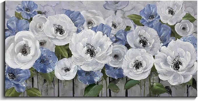 Mofutinpo Floral Wall Art for Living Room-Large Blue and White Flower Paintings, Textured Nature Artwork Pictures on Canvas, Landscape and Flower Wall Art for Bedroom Decor