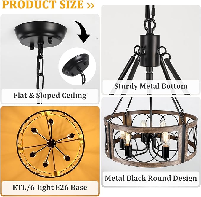 21.6'' Farmhouse Chandelier for Dining Room 6-Light Rustic Chandeliers Metal Black and Wood Grain Finish Drum Light Fixture for Bedroom Living Room Entryway Foyer Kitchen Island Lighting, E26