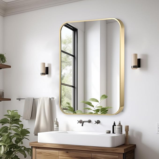 30x36 Inch Gold Bathroom Mirror, Brushed Gold Metal Framed Rectangular Mirror with Rounded Corner, Bathroom Vanity Mirror for Bedroom or Living Room, Horizontal/Vertical