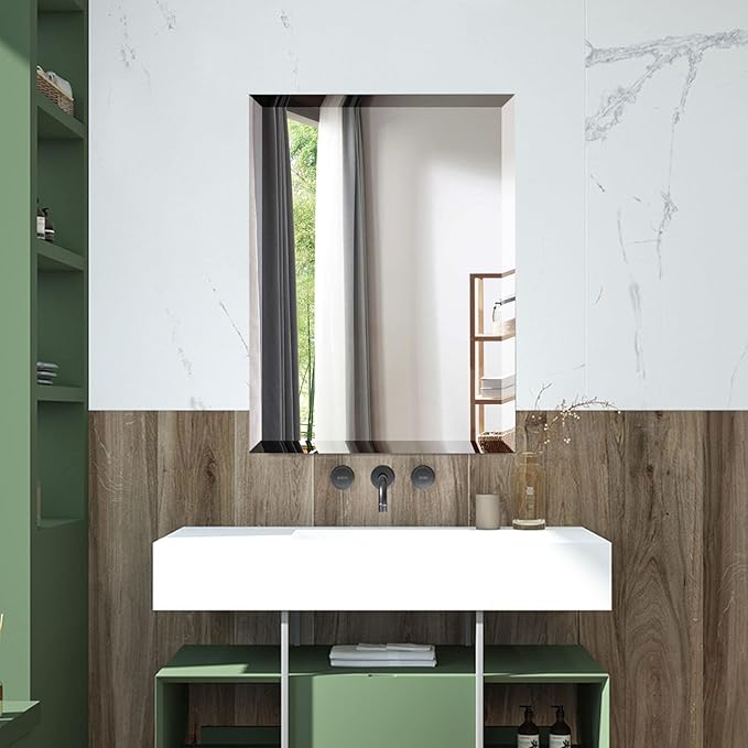 Mirrorons Beveled Mirror, Wall Mirror 24" x 32", Frameless Rectangle Bathroom Vanity Mirror with Beveled Edge, Hangs Horizontally or Vertically. Upgraded Shatterproof Mirror, Bathroom, Gym.