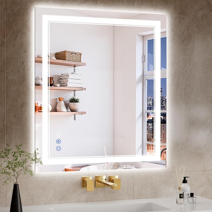 28X32 LED Bathroom Mirror with Lights, Anti-Fog, Backlit + Front Lit, Dimmable, Led Vanity Mirror for Wall, Lighted Bathroom Mirror, 3 Colors, Shatter-Proof Tempered Glass