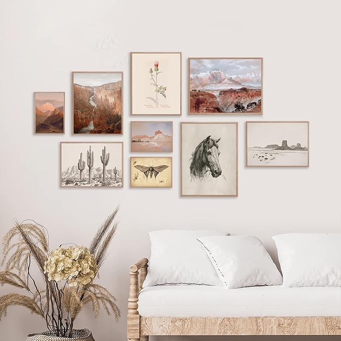 KBKBART Vintage Southwestern Wall Art, 9 PCS Farmhouse Southwest Wall Decor, American Rustic Arizona Wall Art, Boho Ranch Desert Western Poster Pictures, Southwest Art Prints for Western Bedroom,