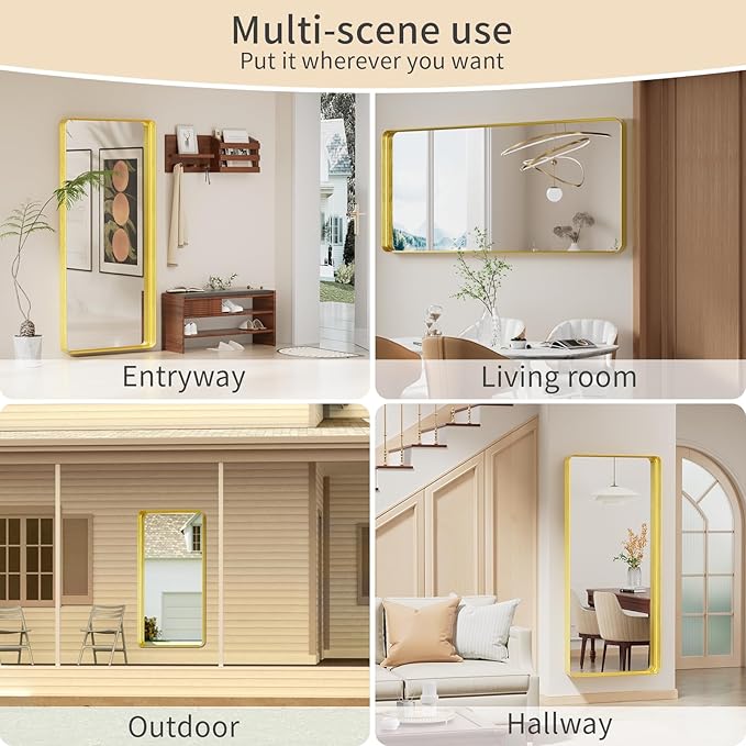 Koonmi Gold Bathroom Mirror for Wall, 30x71 Inch Matte Metal Deep Framed Rounded Corner Wall Mirror, Shatterproof Tempered Glass for Farmhouse Bedroom Entryway, Vertically or Horizontally