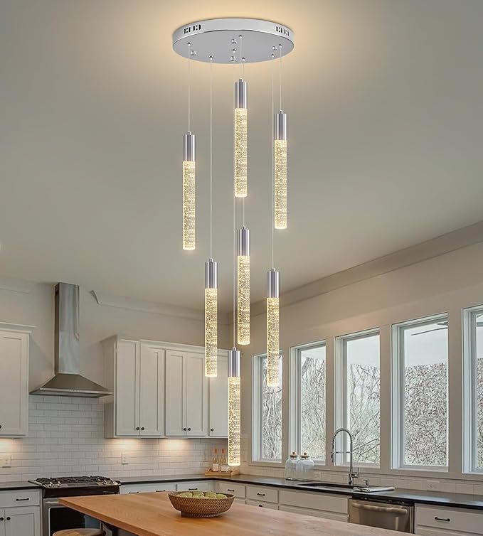 7-Lights High Ceiling Crystal Chandelier, Modern LED Raindrop Pendant Light Fixture 60" H Flush Mount Chandelier Chrome for Foyer Staircase Living Room