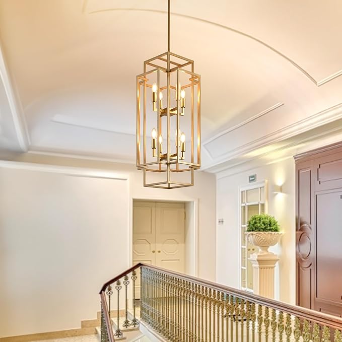8-Light Gold Chandelier, Modern Foyer Lighting Fixtures, 31.5" Farmhouse Lantern Pendant Light, Industrial Large Chandeliers for High Ceilings, for Living Room,Staircase,Hallway