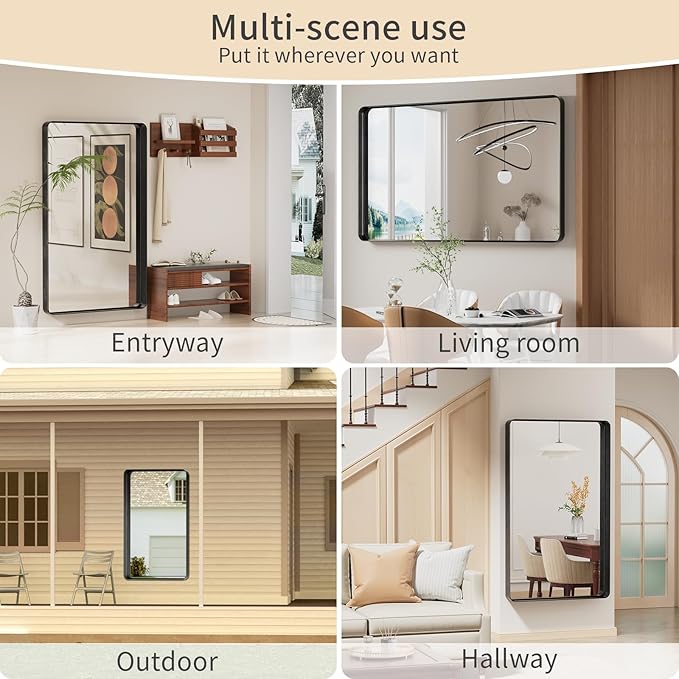 Koonmi Black Wall Mirror for Bathroom, 36x60 Inch Matte Deep Framed Rounded Rectangle Vanity Mirror for Farmhouse Living Room, Tempered Glass, Anti-Rust, Vertically or Horizontally