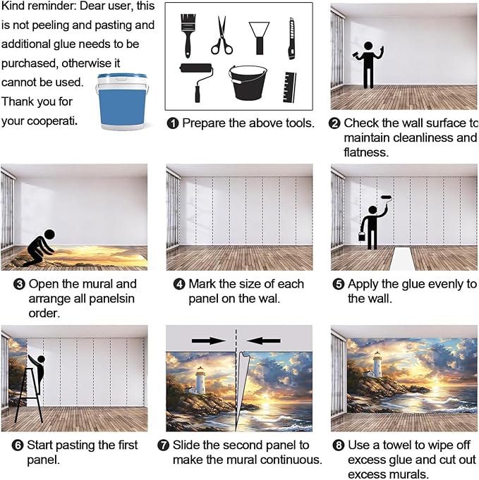 Coastal Mural Wallpaper, Ocean Lighthouse Murals, 3D Sunset Ocean Murals Wallpaper for Living Room Bedroom Home Decor Mural - 78.7" W x 39.11" H (Not Peel Stick)