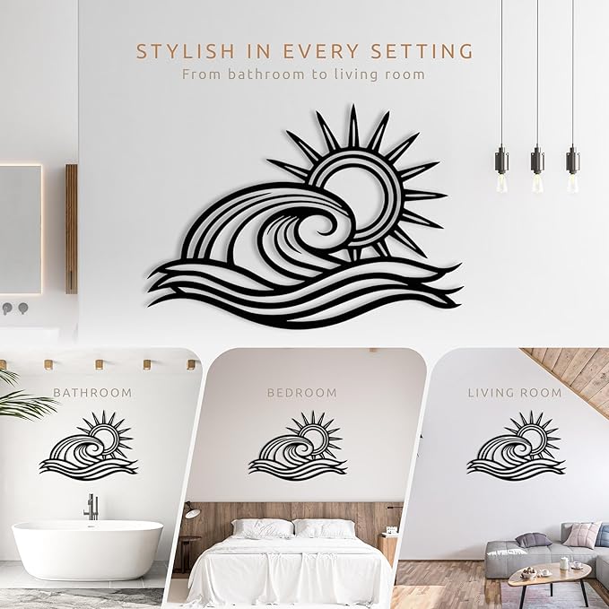 Wita Home Ocean Wave Metal Wall Art, Sun Beach Decor, Coastal Large Wall Sculpture for Home, Indoor/Outdoor Use, Nautical Wall Hanging, Eye-Catching Addition to Living Room (Black, 18 x 11 inches)