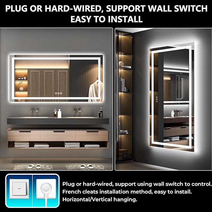 72x36 Inch LED Bathroom Mirror with Lights Front and Backlit Lighted Vanity Mirror for Bathroom Wall with 3 Colors Dimmable Anti-Fog Memory Shatter-Proof IP54 Waterproof Horizontal/Vertical