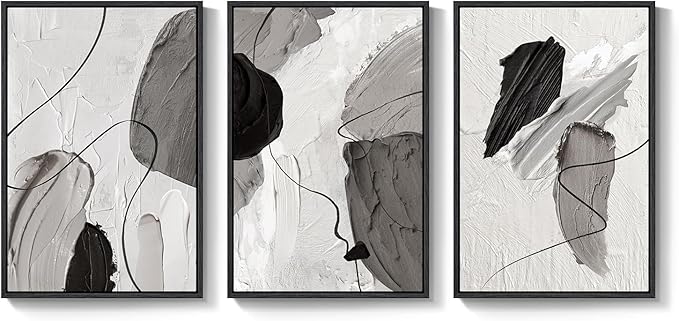 Large Framed Modern Abstract Wall Art for Living Room, 3 Piece Black White Gray Canvas Prints Paintings Artwork for Walls, Minimalist Abstract Pictures for Hallway, Stair, Office Wall Decor 24x36 In